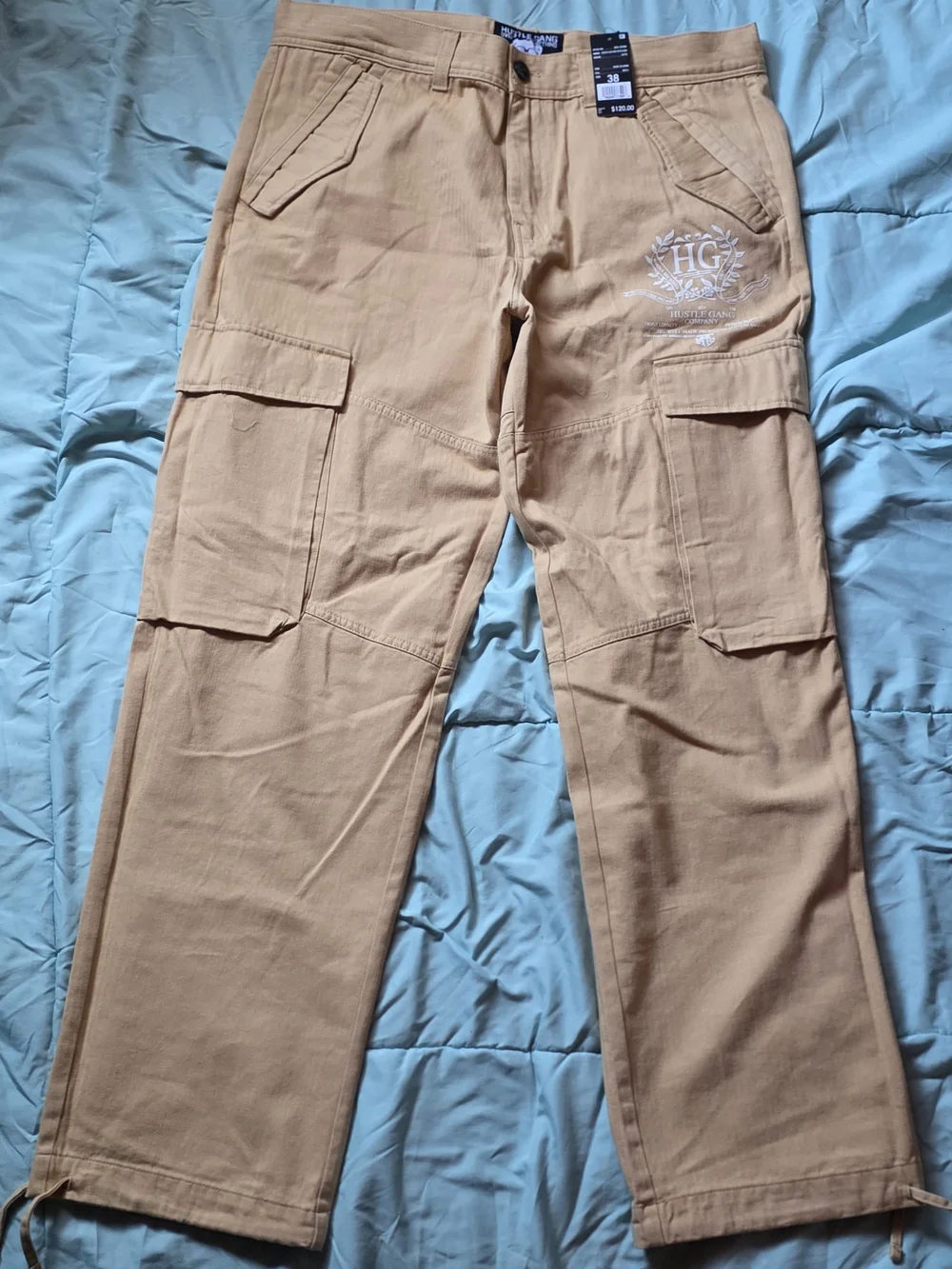 Hustle Gang Men’s Beige-Tan Cargo Pants with Logo Embroidery
